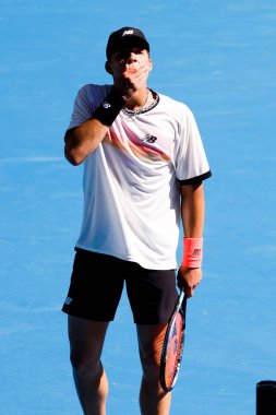 MELBOURNE, AUSTRALIA - JANUARY 23: Ben Shelton of USA plays J.J. Wolf of USA in the 4th round on day 8 of the 2023 Australian Open at Melbourne Park on January 23, 2023 in Melbourne, Australia.