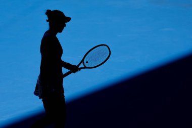MELBOURNE, AUSTRALIA - JANUARY 23: Belinda Bencic of Switzerland playing Aryna Sabalenka of Belarus on day 8 of the 2023 Australian Open at Melbourne Park on January 23, 2023 in Melbourne, Australia.