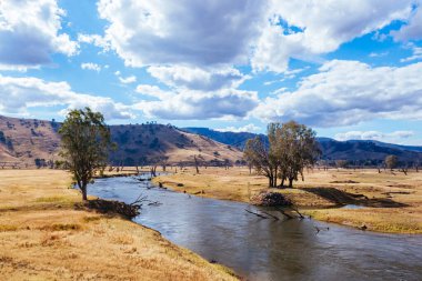 Tallangatta Demiryolu Köprüsü ve Victoria, Avustralya 'daki Hume Gölü çevresindeki Mitta Vadisi' nin manzarası