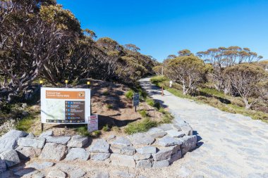 The start of the Mount Kosciuszko Summit walk at Charlotte Pass in Kosciuszko National Park in New South Wales, Australia