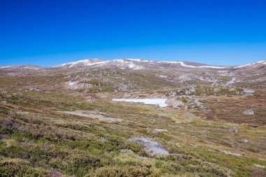 Landscape views over the Snowy River towards Main Range Walk on a summers day in Kosciuszko National Park in Snowy Mountains, New South Wales, Australia