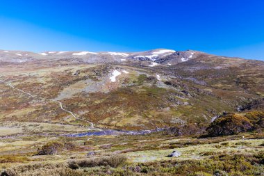 Landscape views over the Snowy River towards Main Range Walk on a summers day in Kosciuszko National Park in Snowy Mountains, New South Wales, Australia