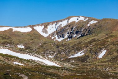 Landscape views over the Snowy River towards Main Range Walk on a summers day in Kosciuszko National Park in Snowy Mountains, New South Wales, Australia