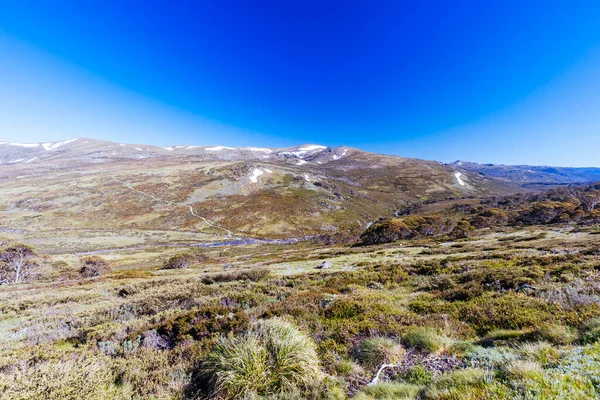 Landscape views over the Snowy River towards Main Range Walk on a summers day in Kosciuszko National Park in Snowy Mountains, New South Wales, Australia