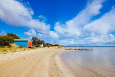 Melbourne, Victoria, Avustralya 'daki Mornington Yarımadası' nda güneşli bir sonbahar gününde Tyrone Sahil Koruma Alanı 'ndaki Port Phillip Körfezi' nden görüntüler