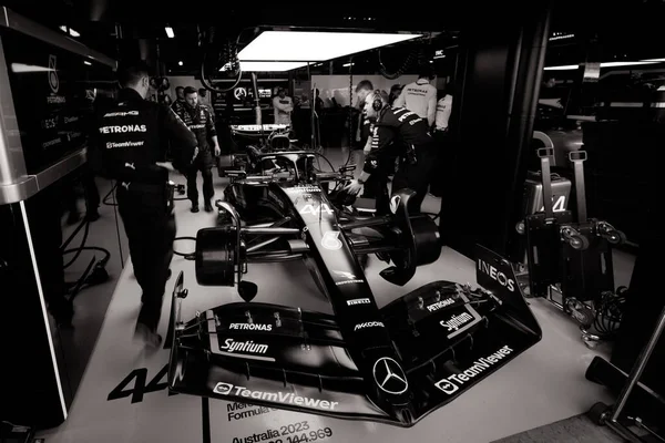 Melbourne Australia Kwiecień Garaż Zespołu Mercedes Amg Petronas Formuły Przed — Zdjęcie stockowe