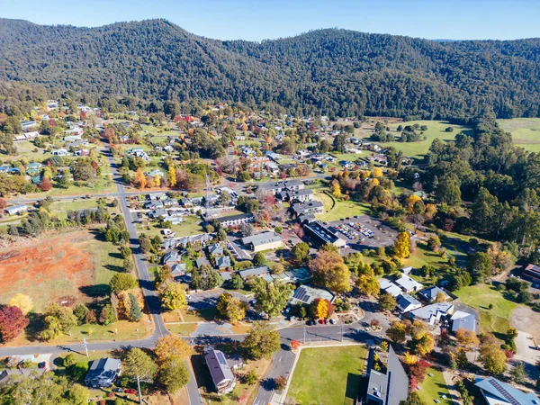 An aerial view from a drone on a cool autumn day over Marysville, Victoria, Australia