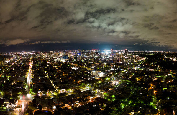 Aerial view at night of Adelaides famous skyline in Victoria, Australia.