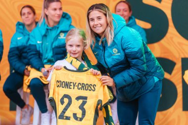 MELBOURNE, AUSTRALIA - 11 Temmuz: Kyra Cooney-Cross 11 Temmuz 2023 tarihinde Avustralya 'nın Melbourne kentinde düzenlenen Dünya Kupası Matildas Kadınlar Grubu duyurusu ve sunumu.