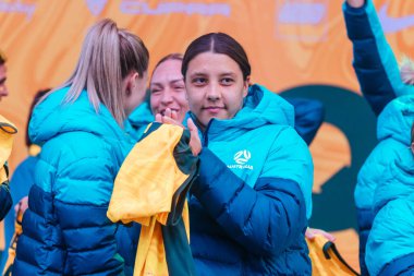 MELBOURNE, AUSTRALIA - 11 Temmuz: Avustralya 'dan Sam Kerr 11 Temmuz 2023 tarihinde Avustralya' nın Melbourne kentinde düzenlenen Dünya Kupası Matildas Kadını duyurusu ve sunumu.