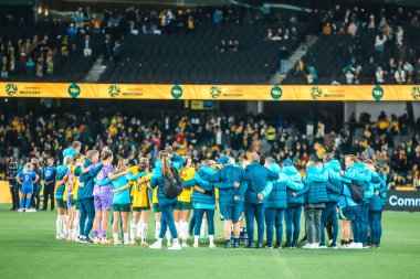 MELBOURNE, AUSTRALYA - 14 Temmuz 2023 tarihinde Dünya Kupası 'nda Fransa' yı mağlup ettikten sonra 14 Temmuz Avustralya takım maçı