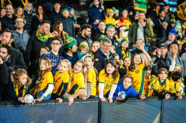MELBOURNE, AUSTRALYA - 14 Temmuz 2023 tarihinde Avustralya 'nın Dünya Kupası 2023' te Fransa ile oynadığı Play Off dostluk karşılaşmasında taraftarlar