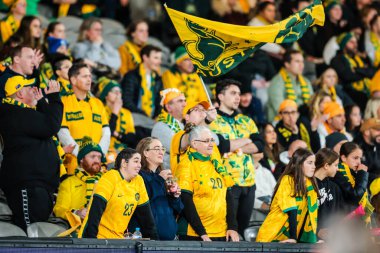 MELBOURNE, AUSTRALYA - 14 Temmuz 2023 tarihinde Avustralya 'nın Dünya Kupası 2023' te Fransa ile oynadığı Play Off dostluk karşılaşmasında taraftarlar