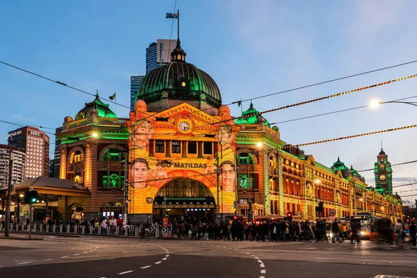 Melbourne Australia Julio Flinders Station Enciende Antes Que Australia Juegue — Foto de Stock