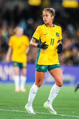 MELBOURNE, AUSTRALIA - 14 Temmuz 2023 Dünya Kupası 'nda Avustralya' dan Mary Fowler Fransa 'ya karşı oynuyordu.