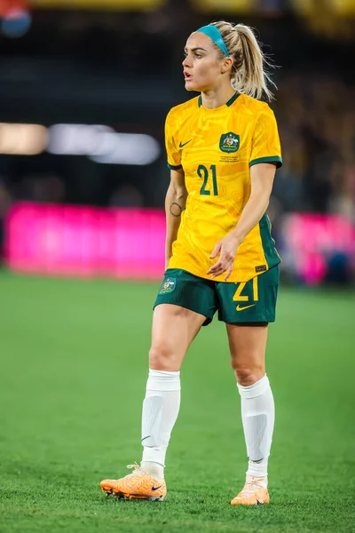 MELBOURNE, AUSTRALIA - 14 Temmuz 2023 Dünya Kupası 'nda Avustralya' dan Ellie Carpenter Fransa 'yla oynarken, 14 Temmuz 2023' te Send Off dostluk maçı düzenlendi.