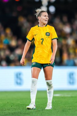 MELBOURNE, AUSTRALIA - 14 Temmuz 2023 Dünya Kupası 'nda Avustralya' dan Steph Catley Fransa ile oynadığı play-off dostluk maçında 14 Temmuz 2023