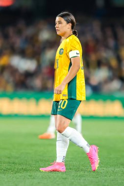 MELBOURNE, AUSTRALIA - 14 Temmuz: Avustralyalı Sam Kerr, Avustralya 'nın 14 Temmuz 2023 tarihinde oynanan Dünya Kupası 2023' te Fransa ile oynadığı Send Off dostluk karşılaşmasında