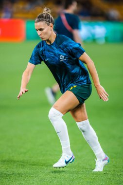 BRISBANE, AUSTRALIA - 27 Temmuz 2023 'te Avustralya' nın Brisbane Stadyumu 'nda oynanan FIFA Dünya Kadınlar Kupası' nda Avustralyalı Steph CATLEY Nijerya ile ısındı.