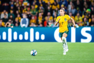 BRISBANE, AUSTRALIA - 27 Temmuz 2023 'te Avustralya' nın Brisbane Stadyumu 'nda oynanan FIFA Dünya Kadınlar Kupası' nda Nijerya 'ya karşı oynadığı maçta Avustralyalı Steph CATLEY
