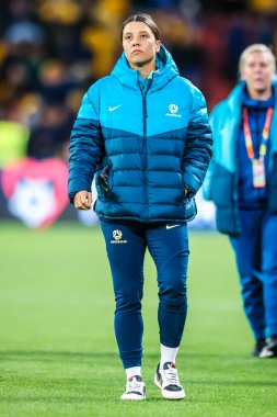 BRISBANE, AUSTRALIA - 27 Temmuz 2023 tarihinde Brisbane Stadyumu 'nda oynanan FIFA Dünya Kadınlar Kupası' nda Avustralyalı Sam Kerr, Nijerya 'ya yenildikten sonra tepki gösterdi.