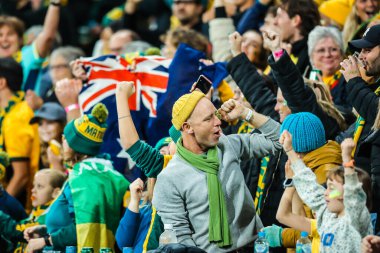MELBOURNE, AUSTRALIA - 31 Temmuz 2023 tarihinde Avustralya 'nın Melbourne Dikdörtgen Stadyumu' nda oynanan FIFA Dünya Kadınlar Kupası Avustralya Yeni Zelanda 2023 'te taraftarlar