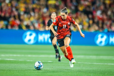 MELBOURNE, AUSTRALIA - 31 Temmuz 2023 tarihinde Avustralya 'nın Melbourne Dikdörtgen Stadyumu' nda oynanan FIFA Dünya Kadınlar Kupası 'nda Kanada ile oynadığı maçta, Kanadalı Evelyne VIENS