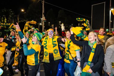 MELBOURNE, AUSTRALIA - 31 Temmuz 2023 'te Melbourne Dikdörtgen Stadyumu' nda Avustralya FIFA Kadınlar Dünya Kupası 'nda Kanada ile karşılaşmadan önce taraftarlar