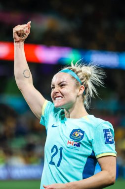 MELBOURNE, AUSTRALIA - 31 Temmuz 2023 tarihinde Avustralya 'nın Melbourne Dikdörtgen Stadyumu' nda düzenlenen FIFA Kadınlar Dünya Kupası 'nda Kanada' yı yenmesini kutladı.