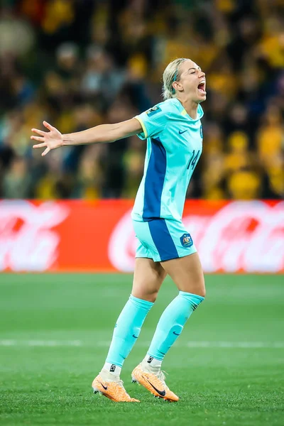 メルボルン Australia July オーストラリアのAlanna Kennedyは 2023年7月31日にメルボルン長方形スタジアムでFifa Womensワールドカップオーストラリアニュージーランドでカナダを打ち負かすことを祝います — ストック写真