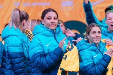 MELBOURNE, AUSTRALIA - 11 Temmuz: Avustralya 'dan Sam Kerr 11 Temmuz 2023 tarihinde Avustralya' nın Melbourne kentinde düzenlenen Dünya Kupası Matildas Kadını duyurusu ve sunumu.