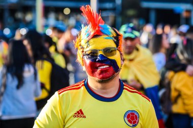 MELBOURNE, AUSTRALIA - 08 Ağustos 2023 'te Melbourne Dikdörtgen Stadyumu' nda oynanan FIFA Dünya Bayanlar Kupası 'nda Kolombiyalı taraftarlar Jamaika ile oynamaktadır.