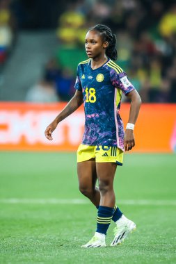 MELBOURNE, AUSTRALIA - 08 Ağustos 2023 'te Melbourne Dikdörtgen Stadyumu' nda oynanan FIFA Dünya Bayanlar Kupası 'nda Kolombiyalı Linda Caicedo Jamaika' yı oynarken