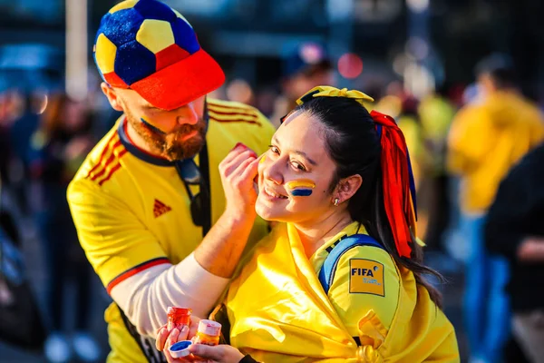 MELBOURNE, AUSTRALIA - 08 Ağustos 2023 'te Melbourne Dikdörtgen Stadyumu' nda oynanan FIFA Dünya Bayanlar Kupası 'nda Kolombiyalı taraftarlar Jamaika ile oynamaktadır.