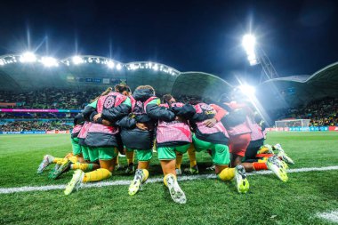 MELBOURNE, AUSTRALIA - 08 Ağustos 2023 tarihinde Melbourne Dikdörtgen Stadyumu 'nda oynanan FIFA Bayanlar Dünya Kupası' nda Kolombiya 'dan önce Jamaika takımı Jamaika ile karşılaşacak.