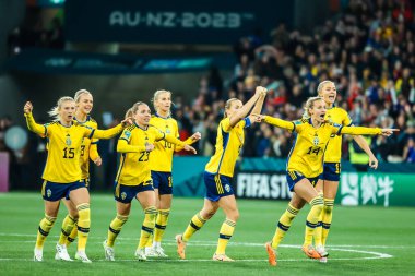 MELBOURNE, AUSTRALIA - 06 Ağustos 2023 tarihinde Melbourne Dikdörtgen Stadyumu 'nda düzenlenen FIFA Dünya Kadınlar Kupası' nda oynanan penaltı atışında İsveç ABD 'yi yenmesini kutladı.