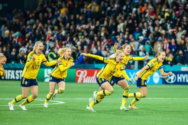 MELBOURNE, AUSTRALIA - 06 Ağustos 2023 tarihinde Melbourne Dikdörtgen Stadyumu 'nda düzenlenen FIFA Dünya Kadınlar Kupası' nda oynanan penaltı atışında İsveç ABD 'yi yenmesini kutladı.