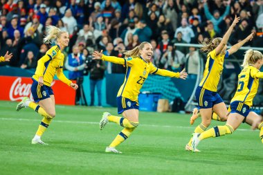 MELBOURNE, AUSTRALIA - 06 Ağustos 2023 tarihinde Melbourne Dikdörtgen Stadyumu 'nda düzenlenen FIFA Dünya Kadınlar Kupası' nda oynanan penaltı atışında İsveç ABD 'yi yenmesini kutladı.