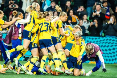 MELBOURNE, AUSTRALIA - 06 Ağustos 2023 tarihinde Melbourne Dikdörtgen Stadyumu 'nda düzenlenen FIFA Dünya Kadınlar Kupası' nda oynanan penaltı atışında İsveç ABD 'yi yenmesini kutladı.