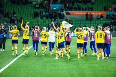 MELBOURNE, AUSTRALIA - 06 Ağustos 2023 tarihinde Melbourne Dikdörtgen Stadyumu 'nda düzenlenen FIFA Dünya Kadınlar Kupası' nda oynanan penaltı atışında İsveç ABD 'yi yenmesini kutladı.