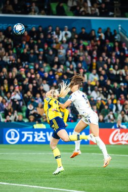 MELBOURNE, AUSTRALIA - 06 Ağustos 2023 tarihinde Melbourne Dikdörtgen Stadyumu 'nda oynanan FIFA Dünya Bayanlar Kupası Avustralya Yeni Zelanda 2023' te ABD ile oynarken, ABD 'li Alex Morgan