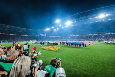 SYDNEY, AUSTRALIA - 20 Ağustos 2023 tarihinde Avustralya Yeni Zelanda Stadyumu 'nda oynanan FIFA Dünya Kadınlar Kupası finalinde İspanya' dan önce fotoğrafçılar İngiltere ile oynayacak.