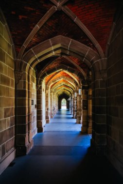 MELBOURNE, AUSTRALIA - NOVEMBER 19, 2023 - Ancient Law buildings of Old Quadrangle and architectural details at Melbourne University parkville campus in Melbourne, Victoria, Australia clipart