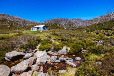 Schlink Geçidi yakınlarındaki Kosciuszko Ulusal Parkı 'ndaki tarihi Beyaz Nehir Kulübesi açık bir yaz gününde, Yeni Güney Galler, Avustralya' daki Karlı Dağlar 'da