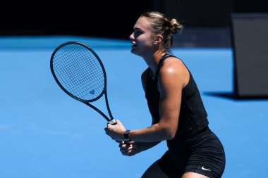 MELBOURNE, AUSTRALIA - JANUARY 12: Aryna Sabalenka of Belarus practices with Paula Badosa of Spain ahead of the 2024 Australian Open at Melbourne Park on January 12, 2024 in Melbourne, Australia. clipart