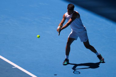 MELBOURNE, AUSTRALYA - 11 Ocak 2024 'te Melbourne Park' ta yapılacak 2024 Avustralya Açık 'ı öncesinde İspanyol Carlos Alcaraz İsviçreli Stan Wawrinka ile bir eğitim oturumunu tamamladı.