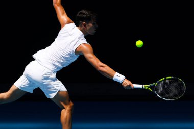 MELBOURNE, AUSTRALYA - 11 Ocak 2024 'te Melbourne Park' ta yapılacak 2024 Avustralya Açık 'ı öncesinde İspanyol Carlos Alcaraz İsviçreli Stan Wawrinka ile bir eğitim oturumunu tamamladı.