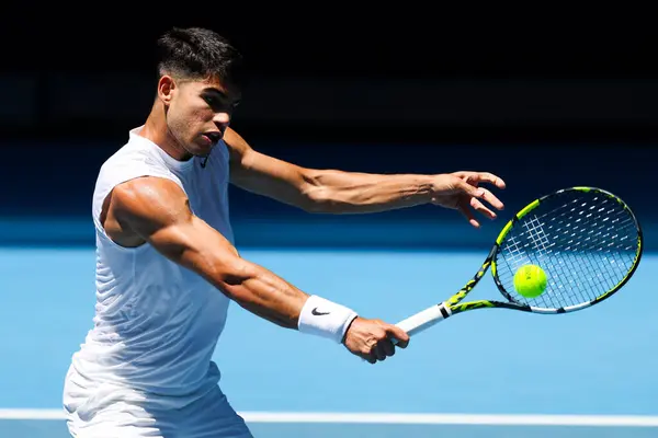 stock image MELBOURNE, AUSTRALIA - JANUARY 11: Carlos Alcaraz of Spain completes a training session with Stan Wawrinka of Switzerland ahead of the 2024 Australian Open at Melbourne Park on January 11, 2024 in