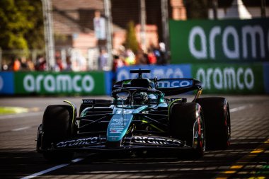 MELBOURNE, AUSTRALIA - MARCH 22: Lance Stroll of Canada drives the Aston Martin AMR24 Mercedes during second practice in the 2024 Australian Grand Prix at Albert Park in Melbourne, Australia clipart