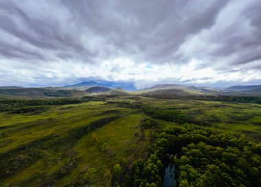 Esperance Nehri Ormanı çevresindeki bölge, Tazmanya Avustralya 'da bir Dünya Mirası Bölgesi olan Dover yakınlarındaki Güneybatı Ulusal Parkı' nda fırtınalı bir yaz gününde.